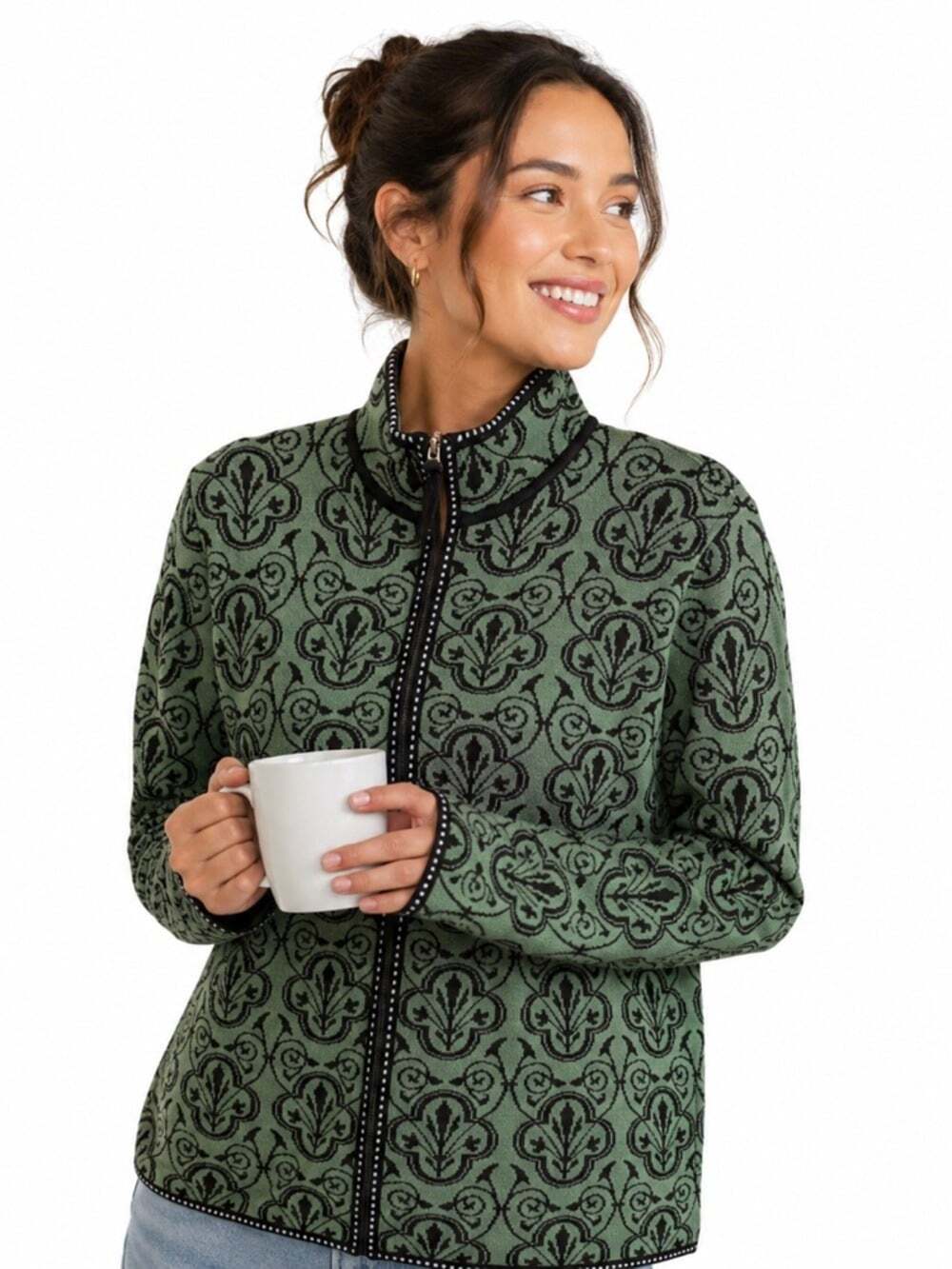 Title Nine Cardigan Sweater Large Green Brown Full Zip 100 Percent Wool Jacket